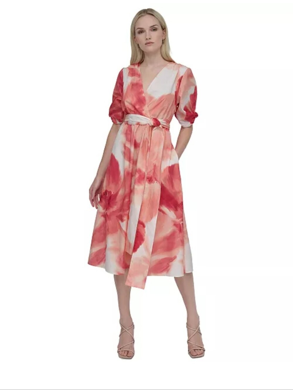 DKNY Petite Watercolor Floral Midi Dress Size 10P Pink Orange Wrap Style NWT